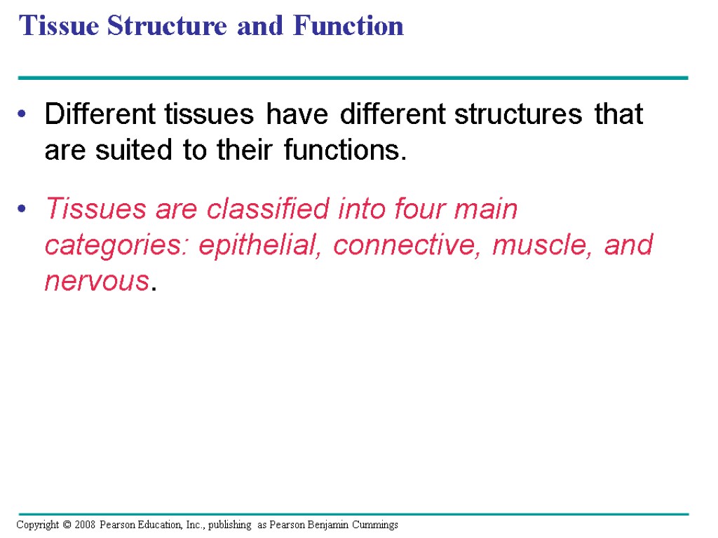 Different tissues have different structures that are suited to their functions. Tissues are classified